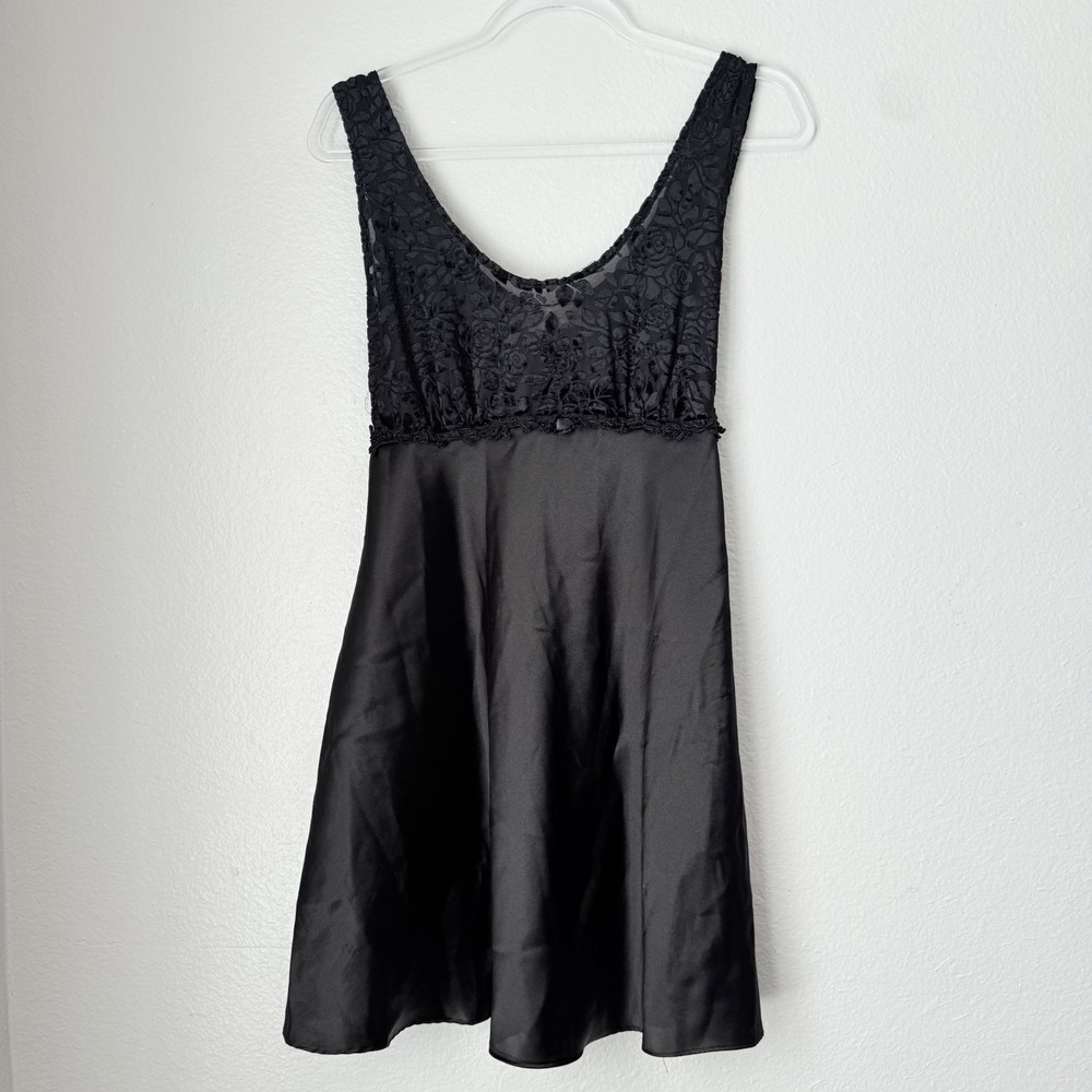 Vintage Inner Most Black Velvet Burnout Satin Slip Dress Lingerie Coquette Large